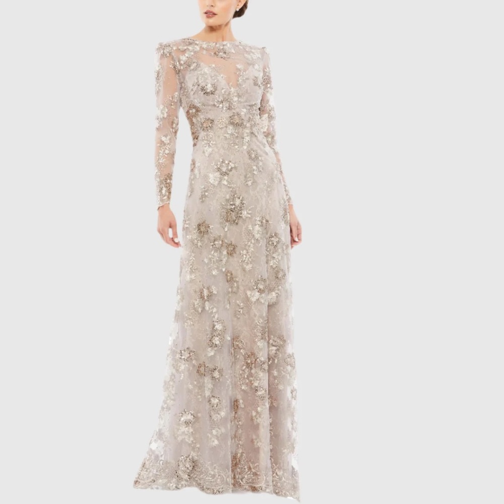 Mac Duggal Embellished Illusion Long Sleeve Lace Gown, Mocha #67875 Sz 16 NWT